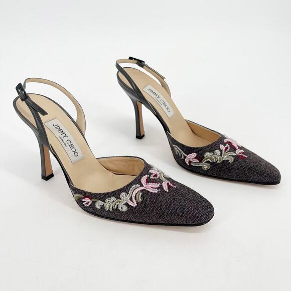 Vintage Jimmy Choo Gray Flannel Beaded Floral Embroidered Slingback Heel IT 38.5 - Picture 2 of 13